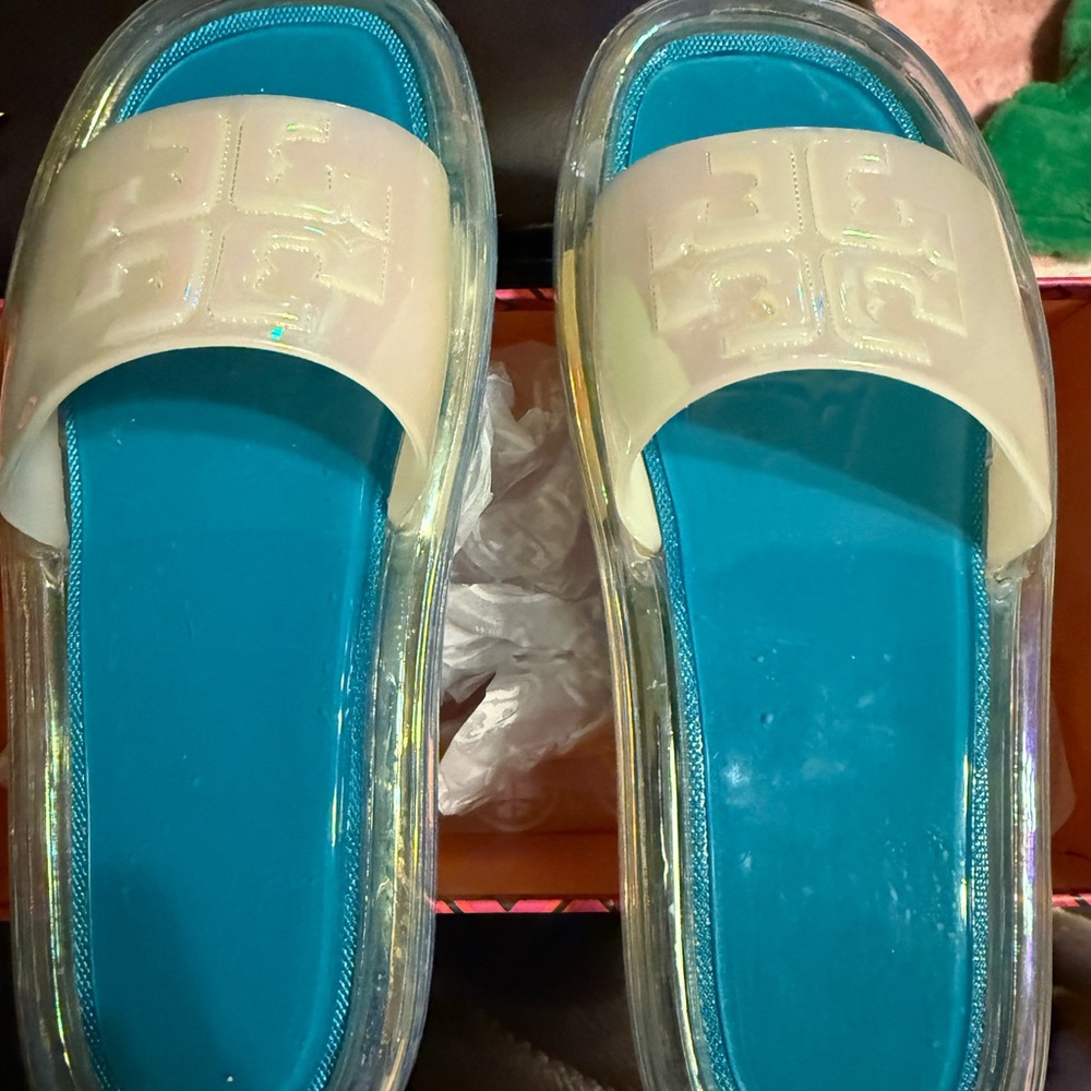 Tory Burch White and Blue Sandals
